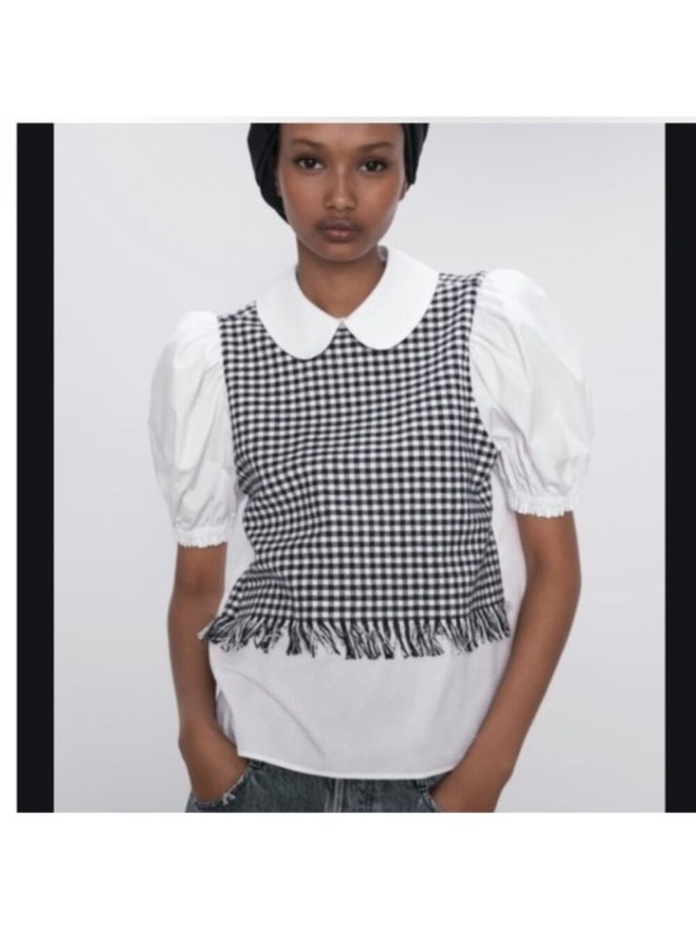 Zara Black and White Checkered Puff Sleeve shirt top w tweed fringed vest Small